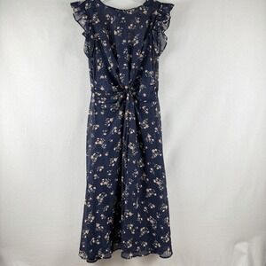 Altar'd State Midi Dress Sz L Navy Floral Chiffon Ruffle Sleeve Romantic Cottage